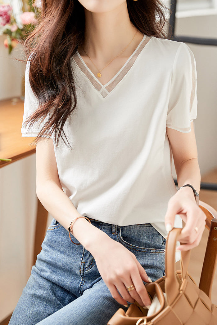 Elegant Versatile V-neck White Short-sleeve T-shirt