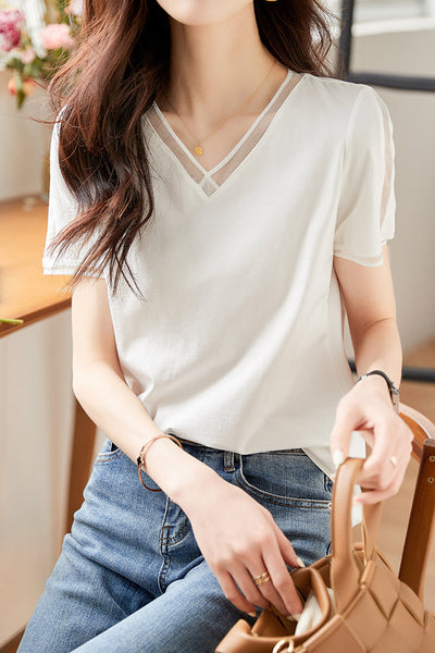 Elegant Versatile V-neck White Short-sleeve T-shirt