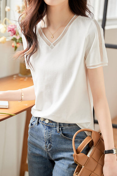 Elegant Versatile V-neck White Short-sleeve T-shirt