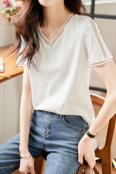 Elegant Versatile V-neck White Short-sleeve T-shirt