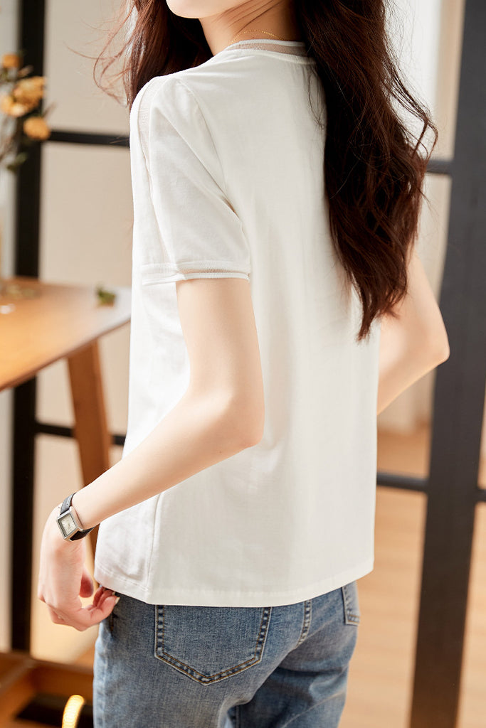 Elegant Versatile V-neck White Short-sleeve T-shirt