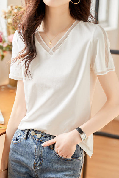 Elegant Versatile V-neck White Short-sleeve T-shirt