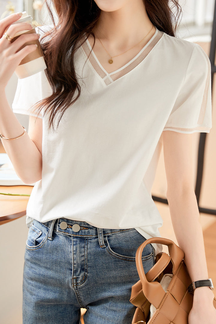 Elegant Versatile V-neck White Short-sleeve T-shirt