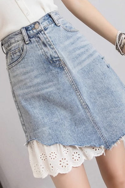 Lace-Trimmed Denim Skirt