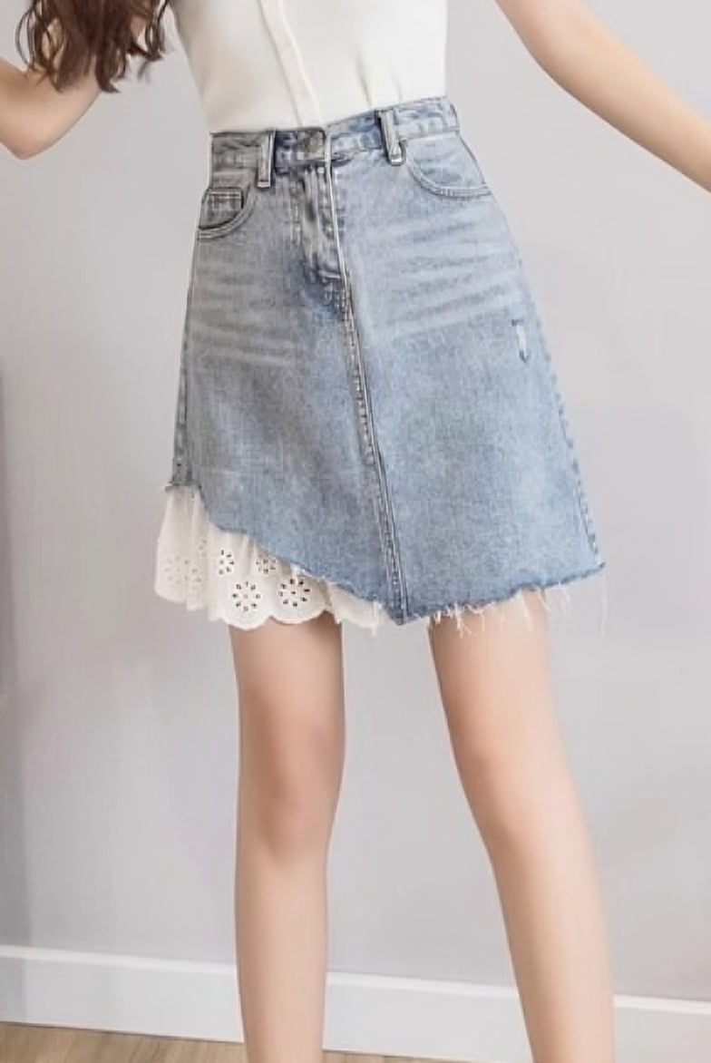 Lace-Trimmed Denim Skirt