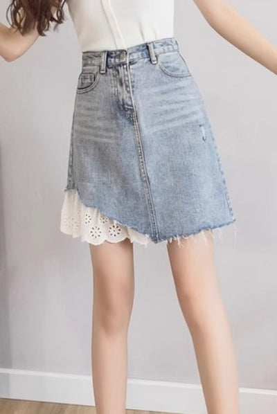 Lace-Trimmed Denim Skirt
