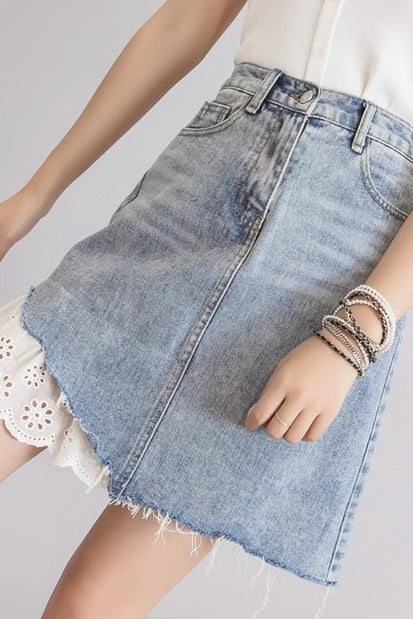 Lace-Trimmed Denim Skirt