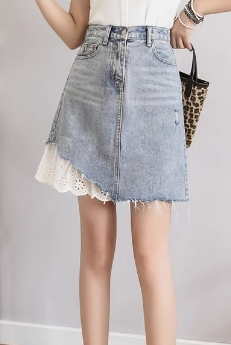 Lace-Trimmed Denim Skirt