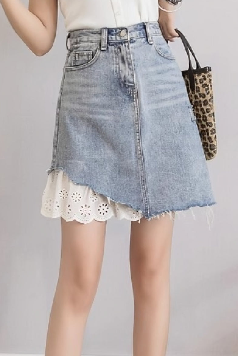 Lace-Trimmed Denim Skirt