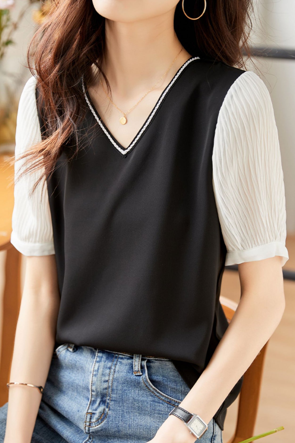 French Style V-Neck Chiffon Shirt