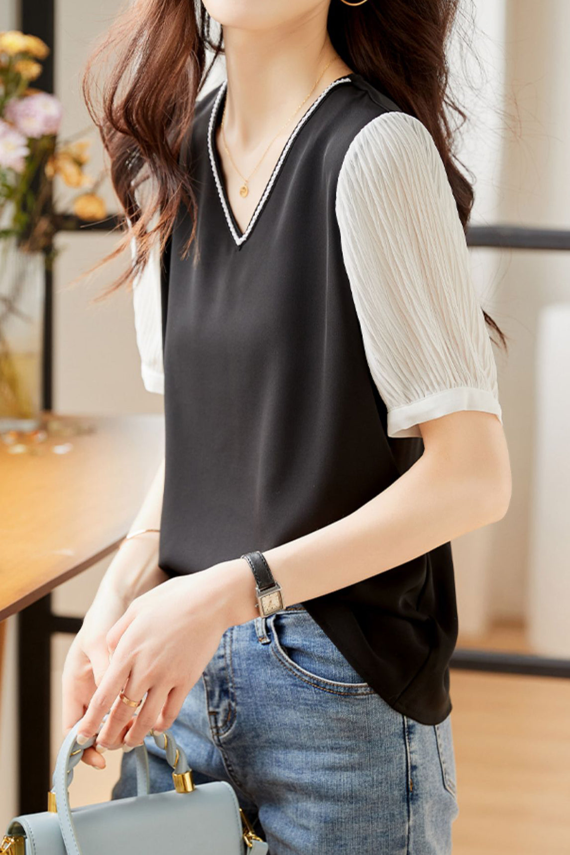 French Style V-Neck Chiffon Shirt