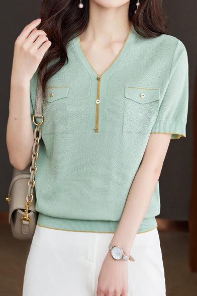 V-Neck Color Block Knitted Top with Metallic Trim