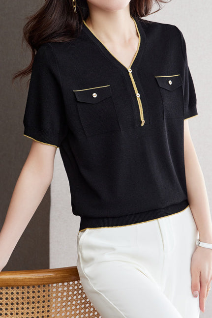 V-Neck Color Block Knitted Top with Metallic Trim