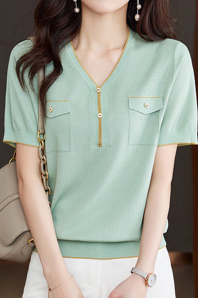 V-Neck Color Block Knitted Top with Metallic Trim