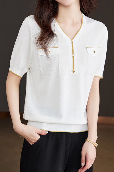 V-Neck Color Block Knitted Top with Metallic Trim