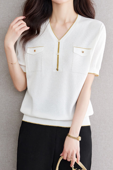 V-Neck Color Block Knitted Top with Metallic Trim