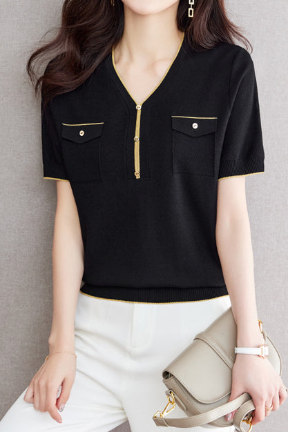 V-Neck Color Block Knitted Top with Metallic Trim