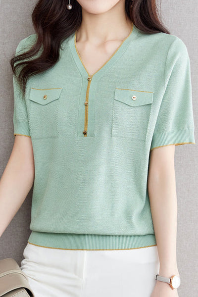 V-Neck Color Block Knitted Top with Metallic Trim