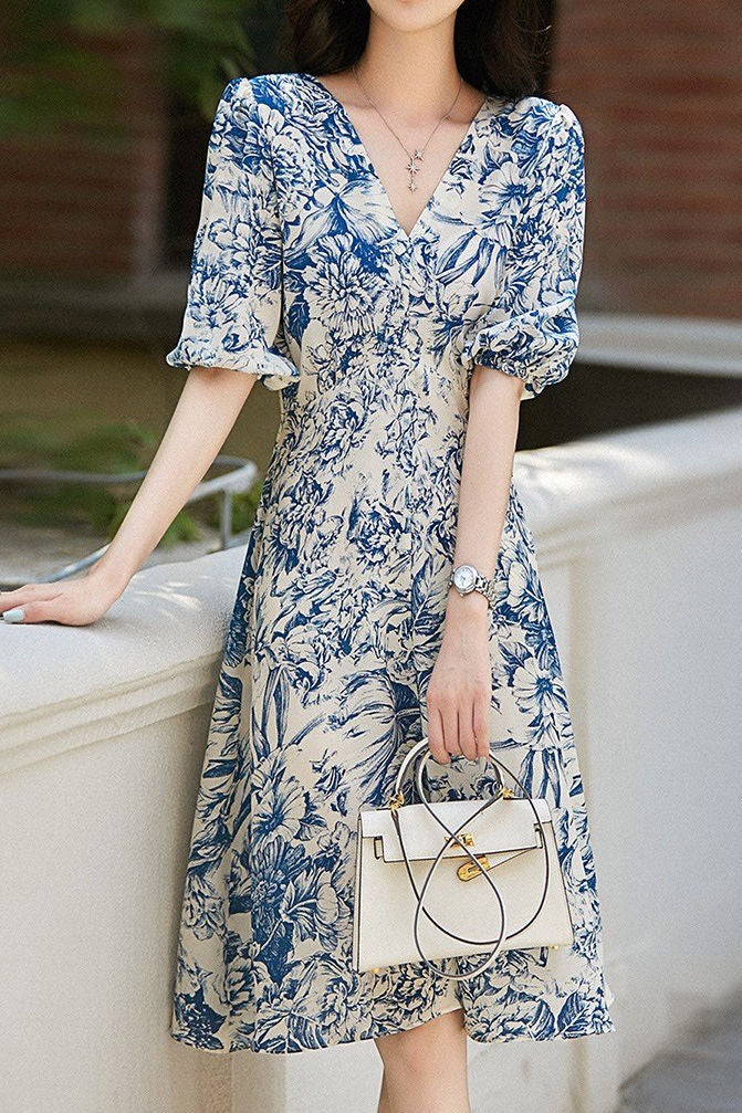 Elegant V-neck Printed Dress
