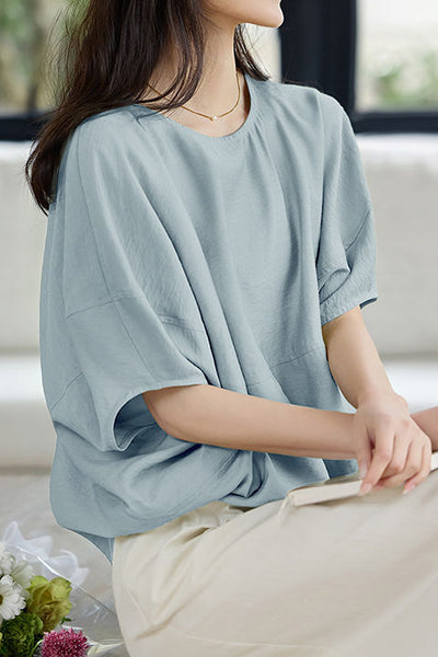 Solid Color Textured Drop Shoulder Bat Sleeve Shirt