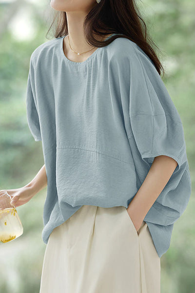 Solid Color Textured Drop Shoulder Bat Sleeve Shirt
