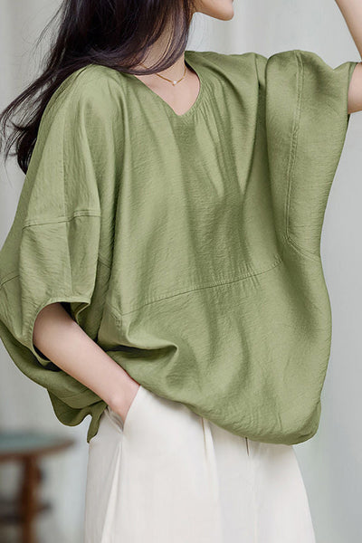 Solid Color Textured Drop Shoulder Bat Sleeve Shirt