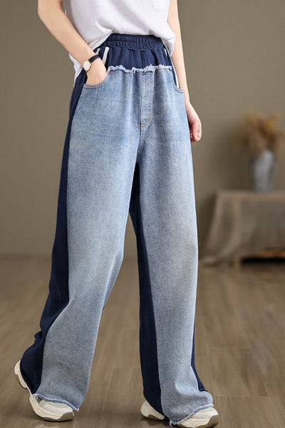 Simple Color Block Frayed Straight Pants