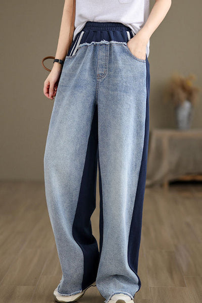 Simple Color Block Frayed Straight Pants