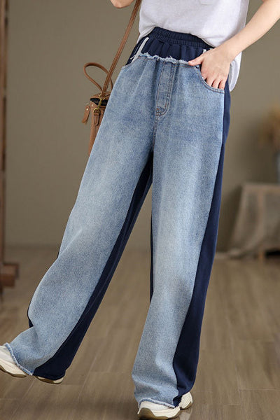 Simple Color Block Frayed Straight Pants