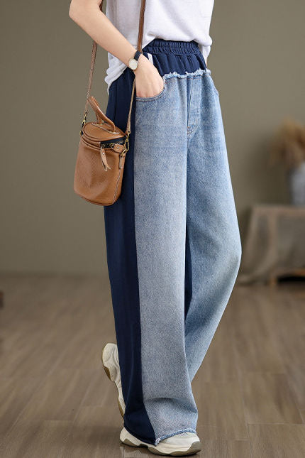 Simple Color Block Frayed Straight Pants