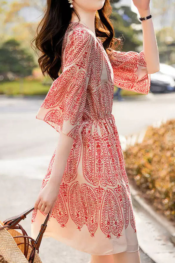 V-Neck Printed Waist-Defined Dress