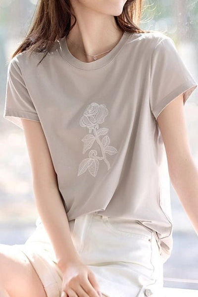 Round neck floral embroidery short sleeve T-shirt