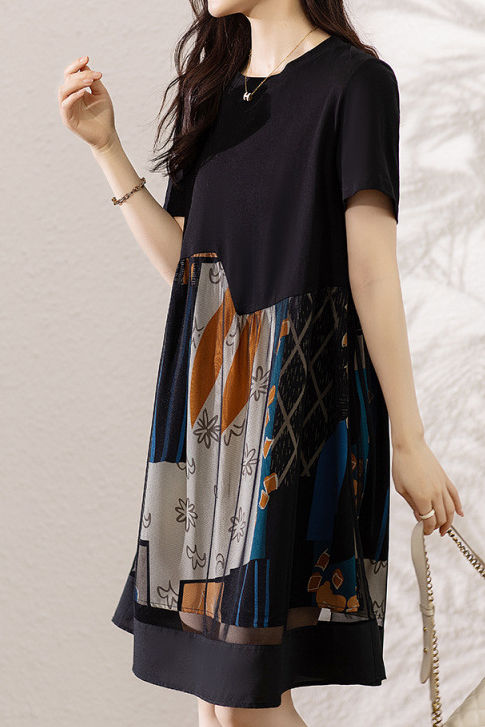 Asymmetrical spliced double-layer abstract print short sleeve mid-length dress