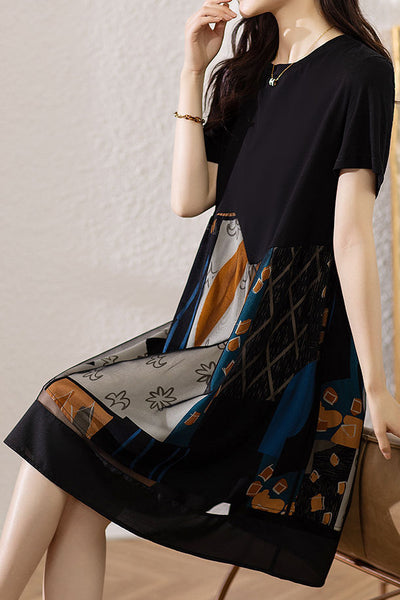 Asymmetrical spliced double-layer abstract print short sleeve mid-length dress