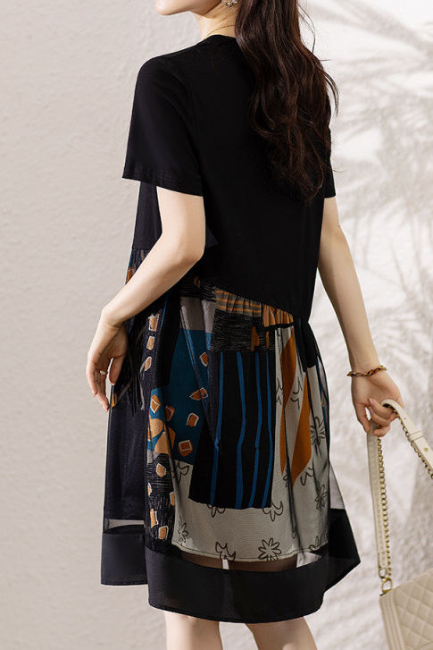 Asymmetrical spliced double-layer abstract print short sleeve mid-length dress