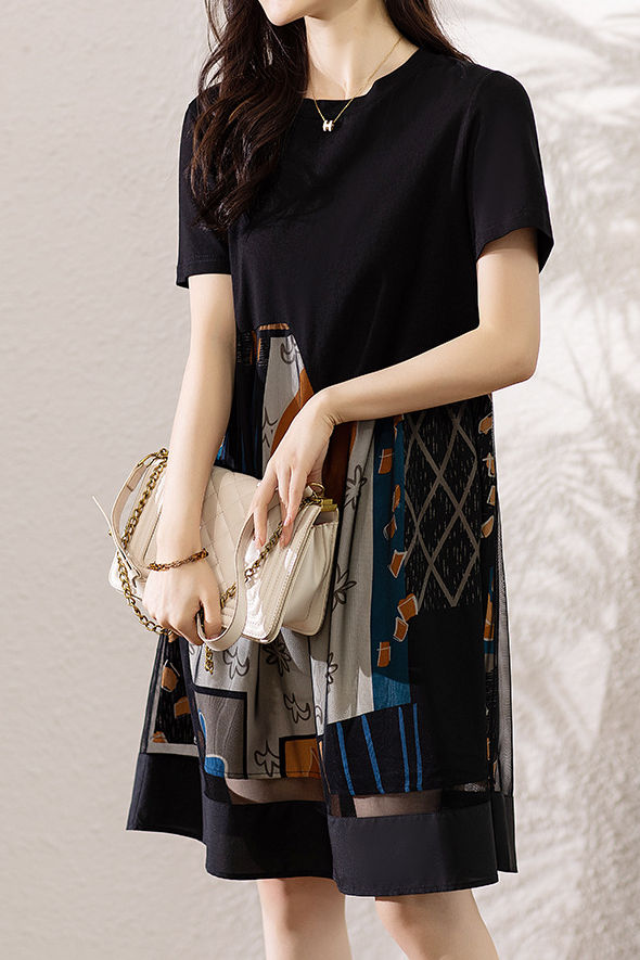 Asymmetrical spliced double-layer abstract print short sleeve mid-length dress