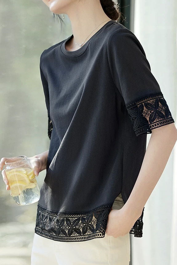 Hollow lace solid color T-shirt