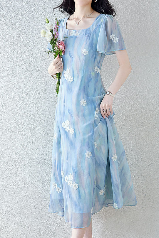 Square neck embroidered mixed color dress