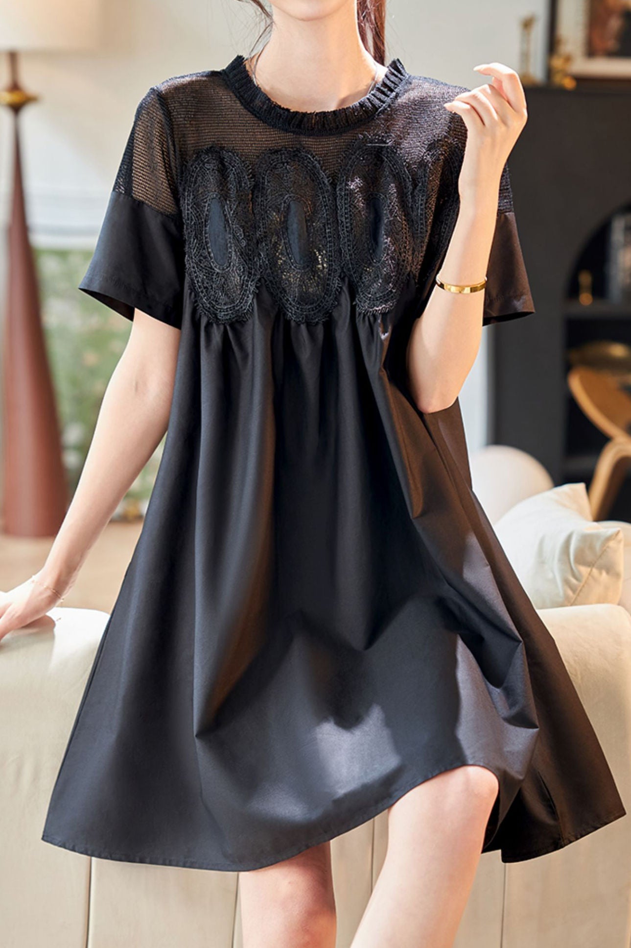 Lace and mesh spliced A-line dress
