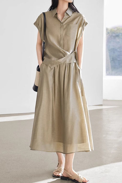 Linen button-up irregular design short sleeve shirt with A-line long skirt set