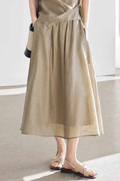 Linen button-up irregular design short sleeve shirt with A-line long skirt set
