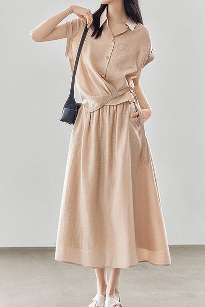 Linen button-up irregular design short sleeve shirt with A-line long skirt set