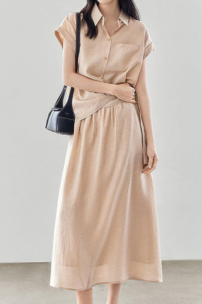 Linen button-up irregular design short sleeve shirt with A-line long skirt set