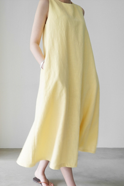 Round neck sleeveless linen vest A-line long dress