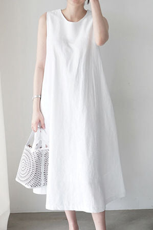 Round neck sleeveless linen vest A-line long dress
