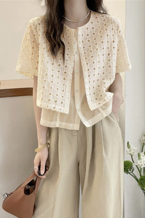 Faux two-piece spliced button-up short sleeve shirt