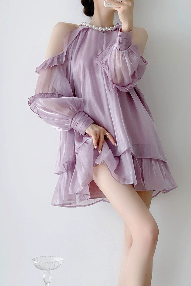 Off-shoulder halter neck dress with pearl decoration