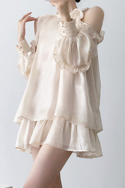 Off-shoulder halter neck dress with pearl decoration