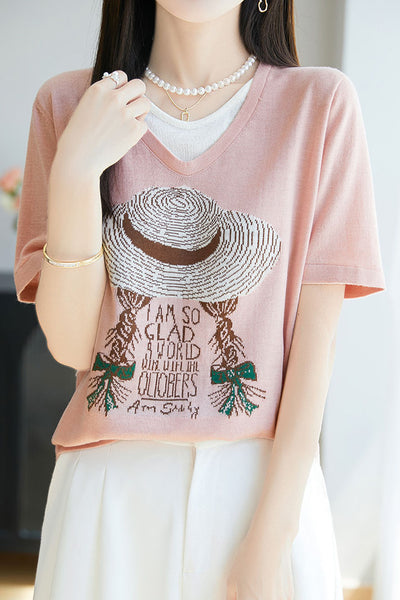 Faux two-piece V-neck short sleeve T-shirt