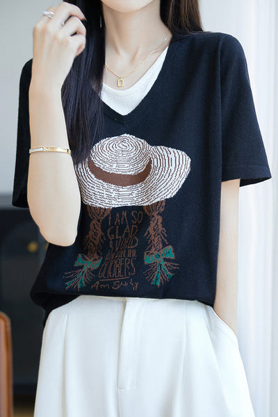 Faux two-piece V-neck short sleeve T-shirt